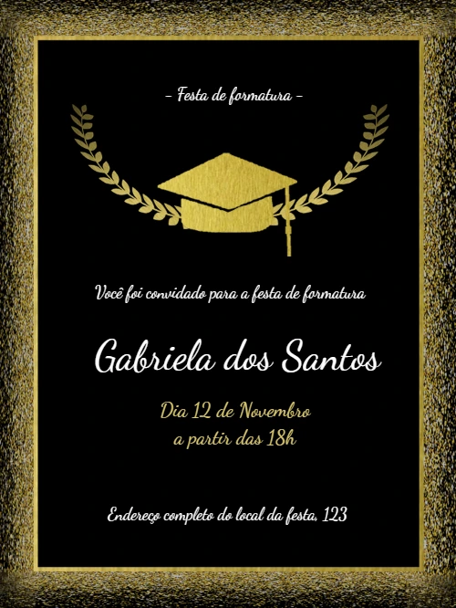 Convite de Formatura Preto e Dourado para Editar Online