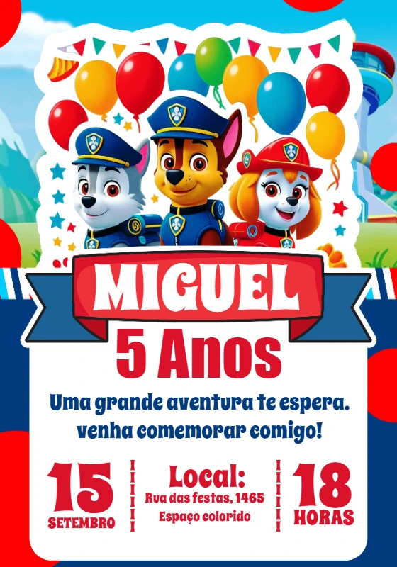 Convite de Aniversário Patrulha Canina para Editar Online