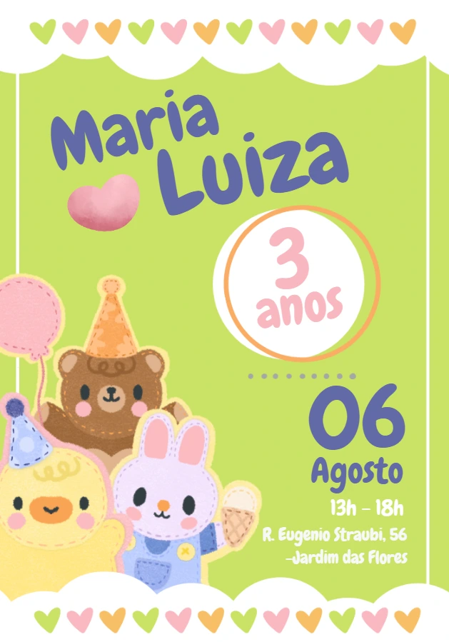 Convite Aniversário Animais Fofinhos para Editar Online