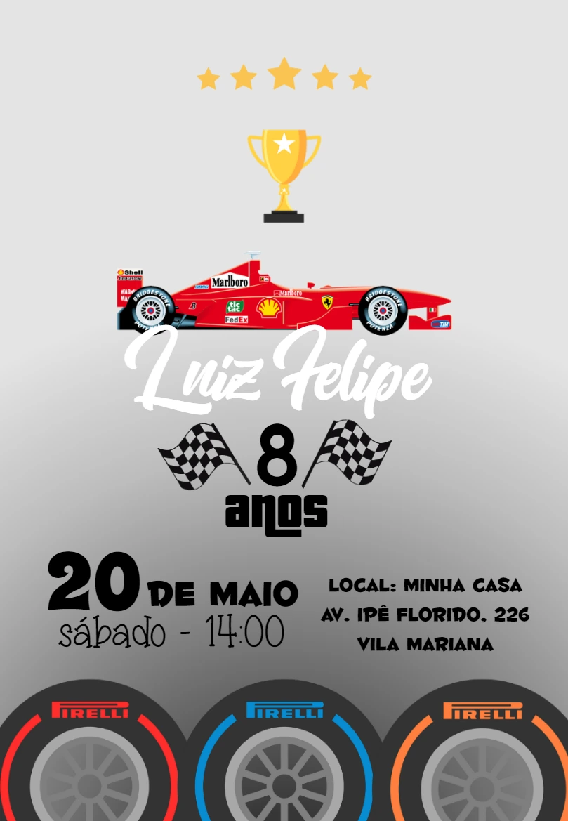 Convite Aniversário Fórmula 1 Carro de Corrida para Editar