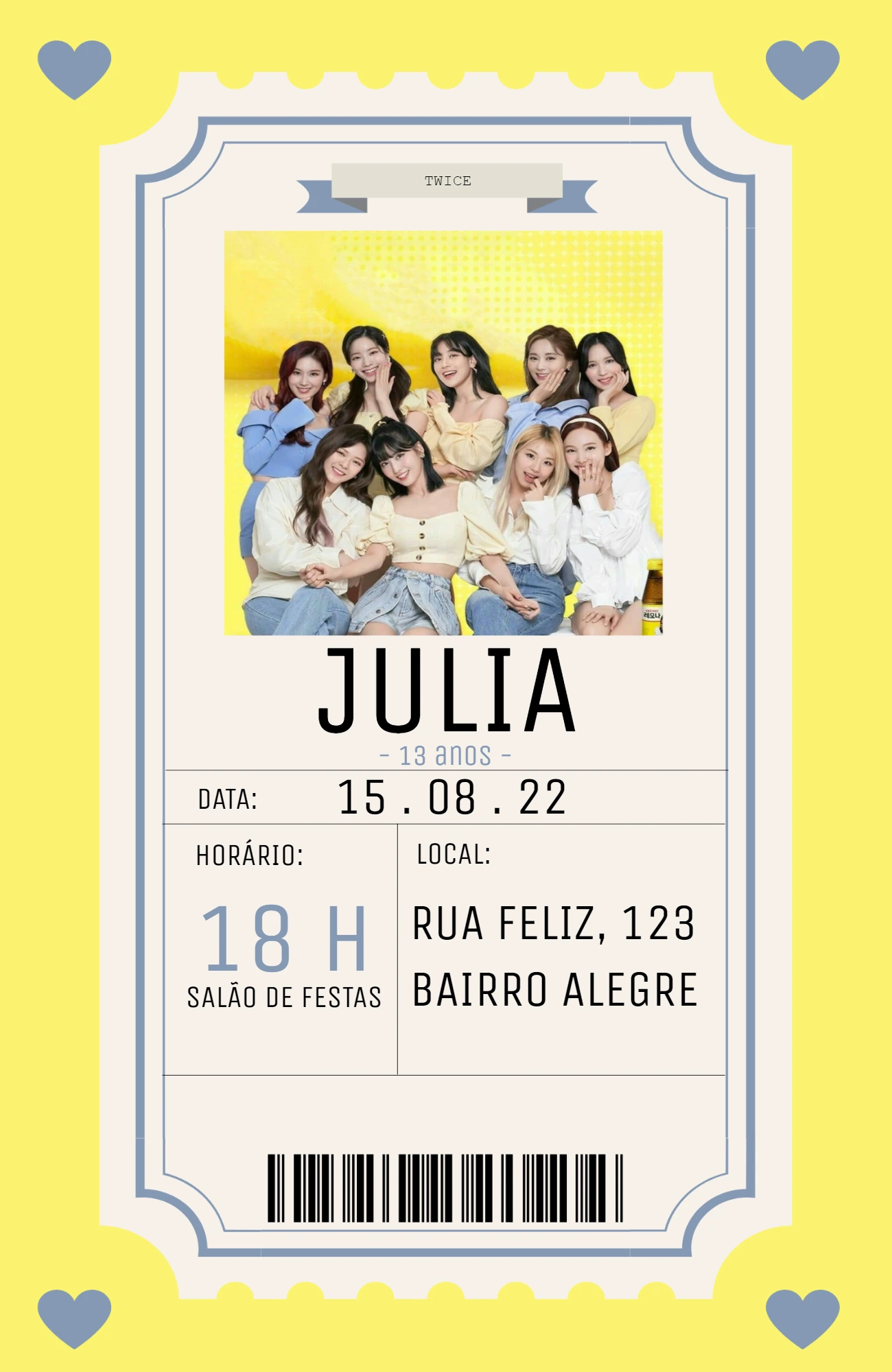 Convite de Aniversário Twice Kpop Ticket para Editar Online
