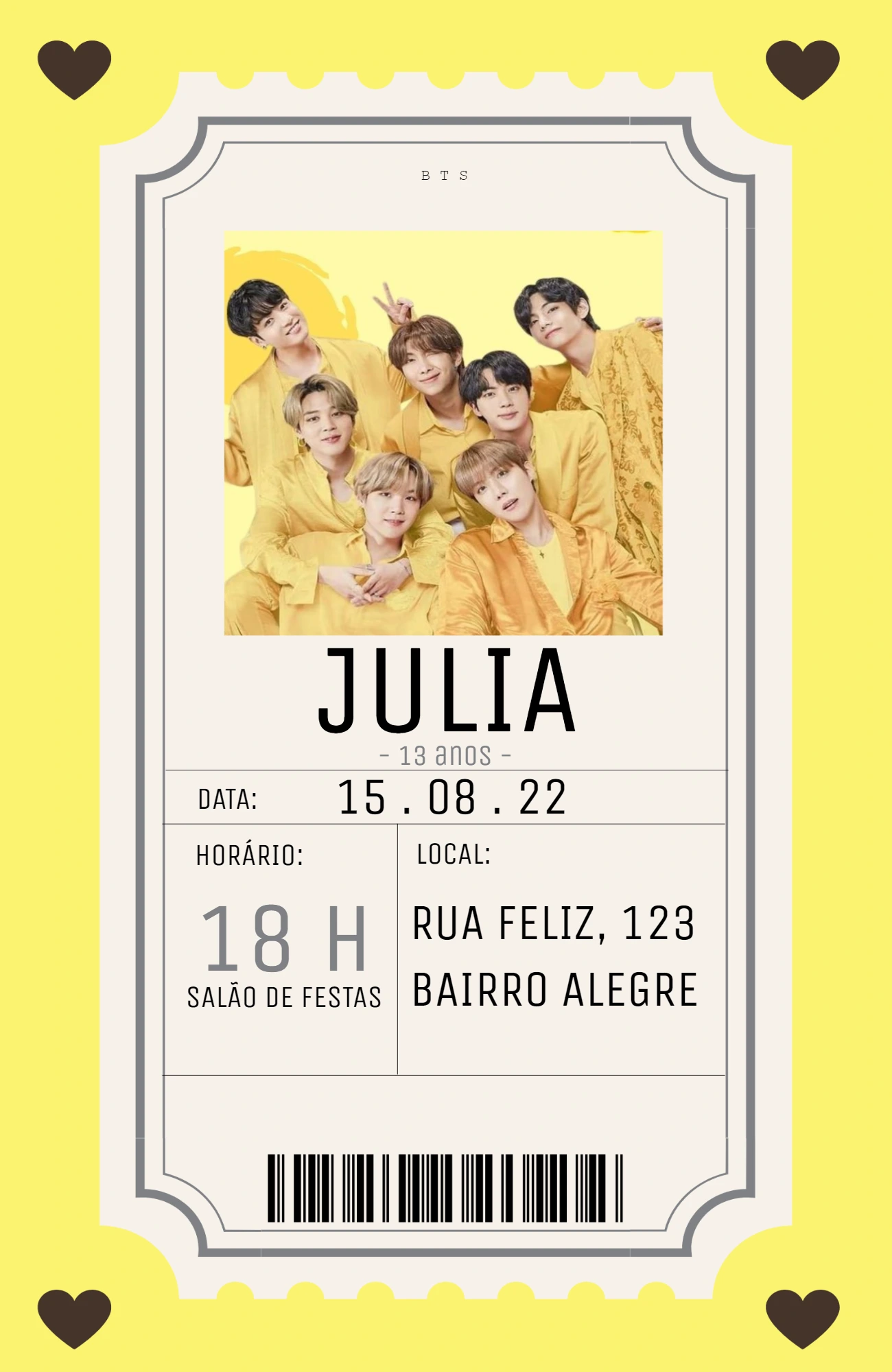 Convite Aniversário BTS Kpop Estilo Ingresso para Editar