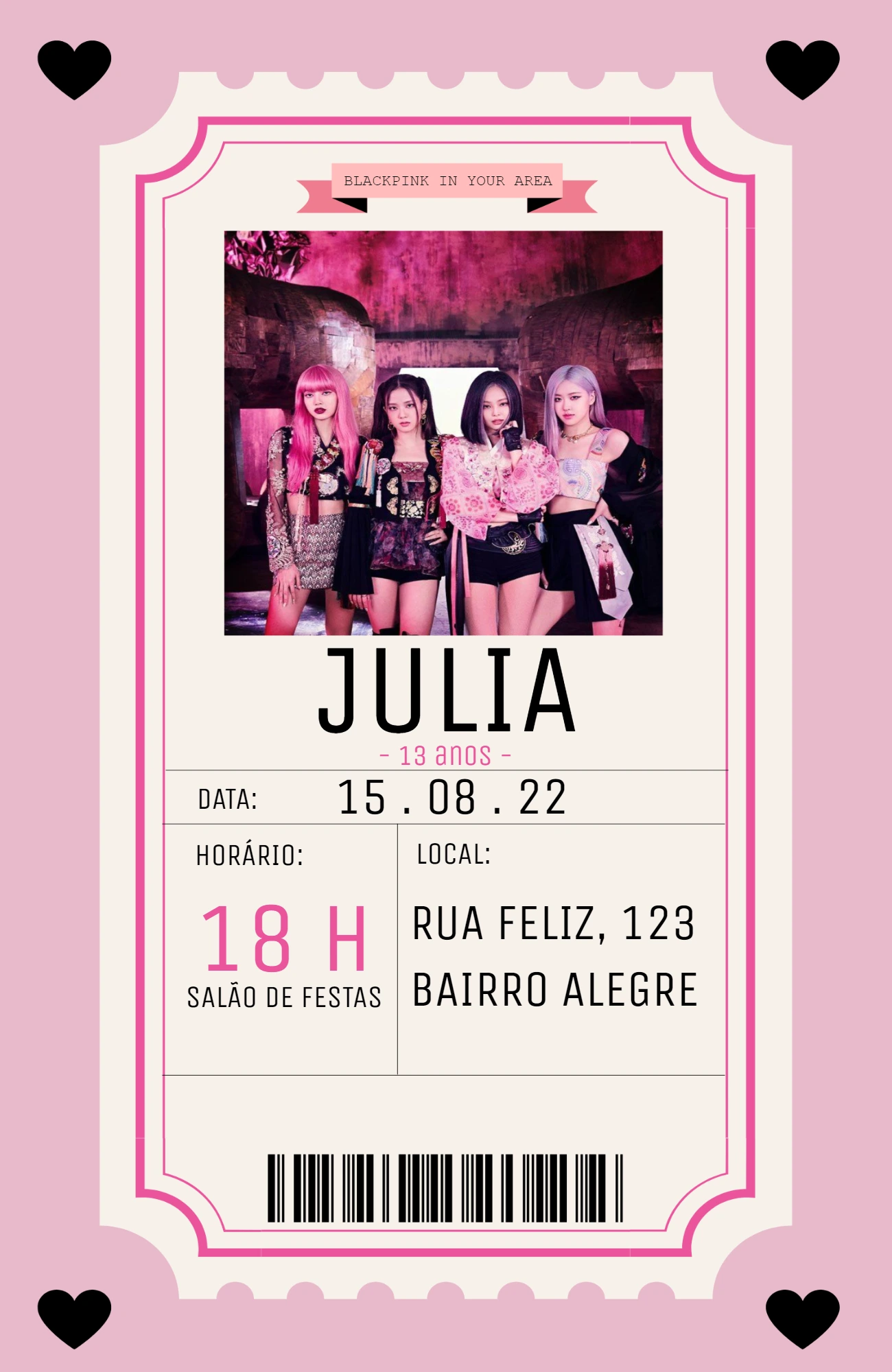 Convite de Aniversário Blackpink Estilo Ingresso para Editar