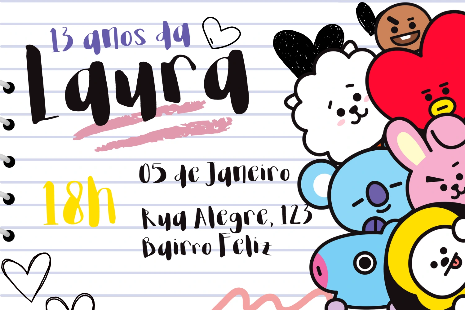 Convite de Aniversário BT21 Kpop para Editar Online