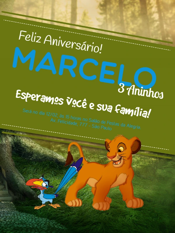 Convite de Aniversário Rei Leão com Simba para Editar Online