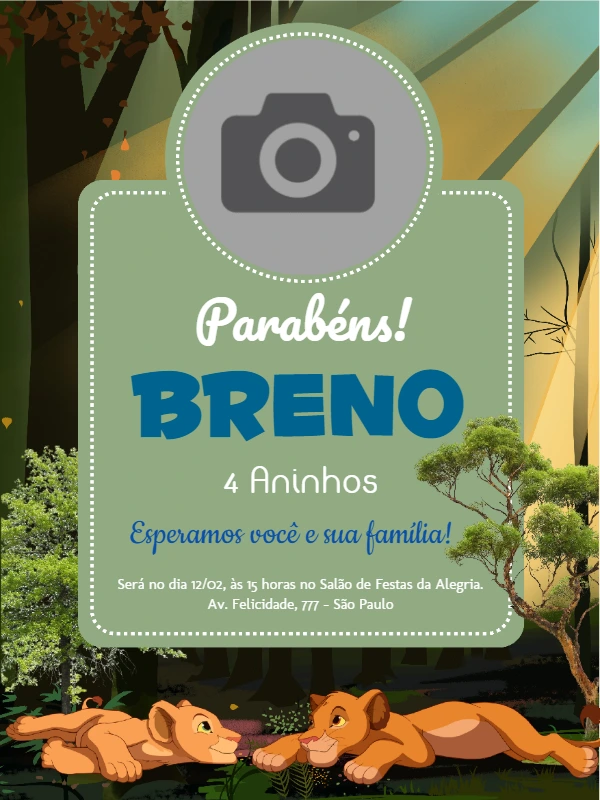 Convite Aniversário Rei Leão com Foto para Editar Online