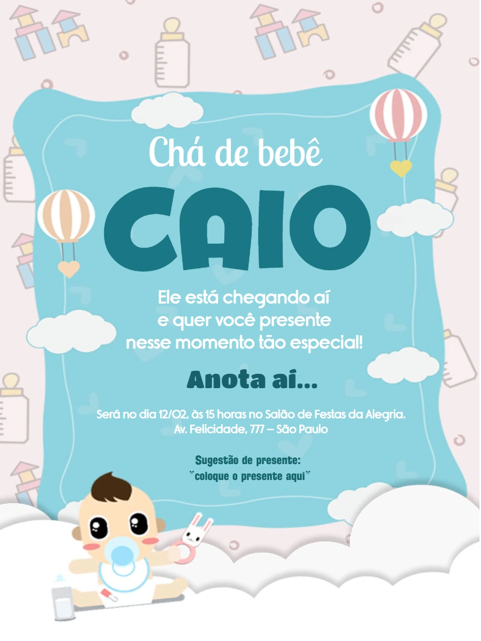 Convite Chá de Bebê Menino com Balões para Editar Online