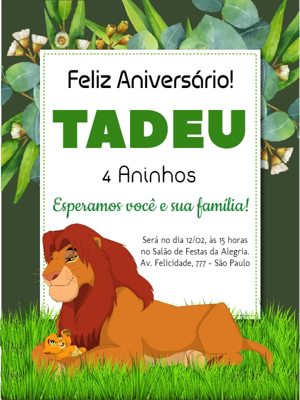 Convite de Aniversário Rei Leão com Personagens para Editar