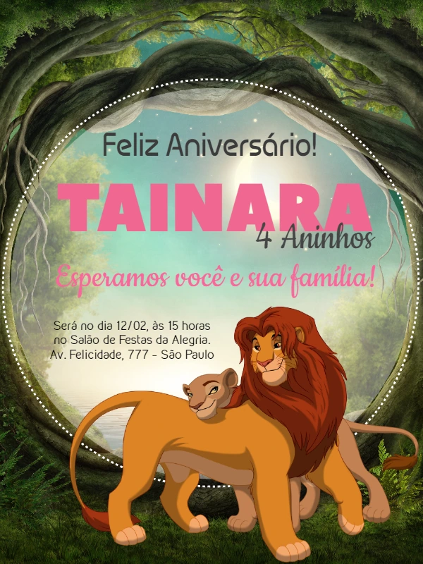 Convite Aniversário Rei Leão com Personagens para Editar Online