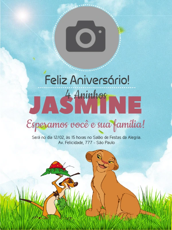 Convite Aniversário Rei Leão com Foto para Editar Online