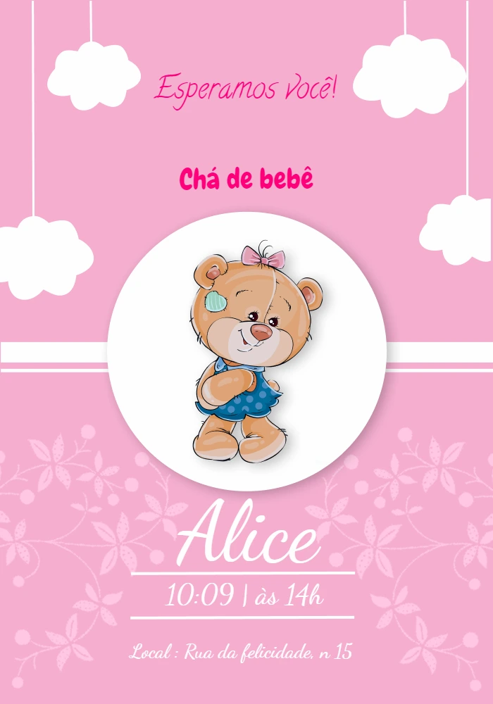Convite Chá de Bebê Ursinha Rosa para Editar Online