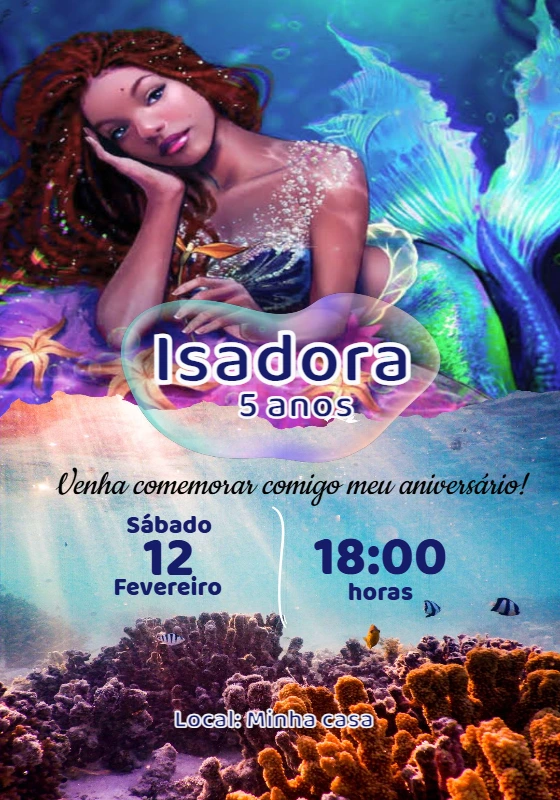 Convite Aniversário Sereia Negra para Editar Online