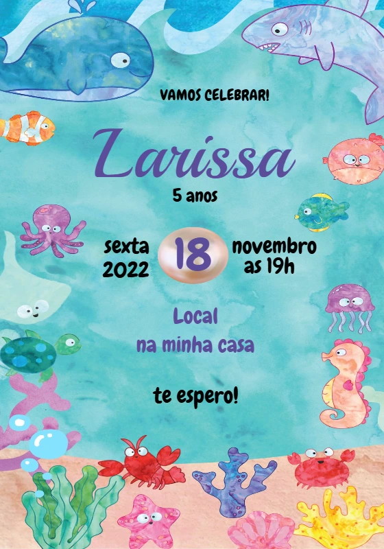 Convite Aniversário Fundo do Mar Aquarela Editável Online