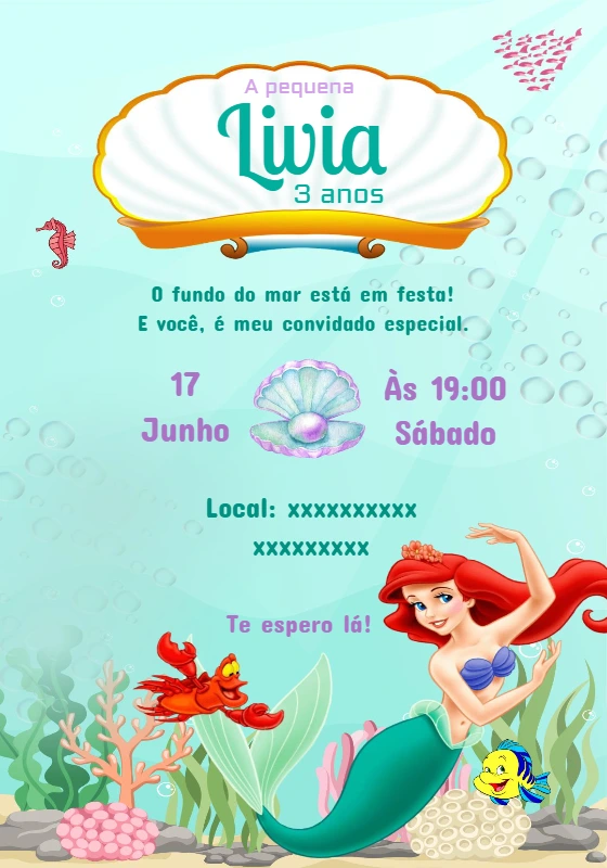 Convite Aniversário Pequena Sereia para Editar Online