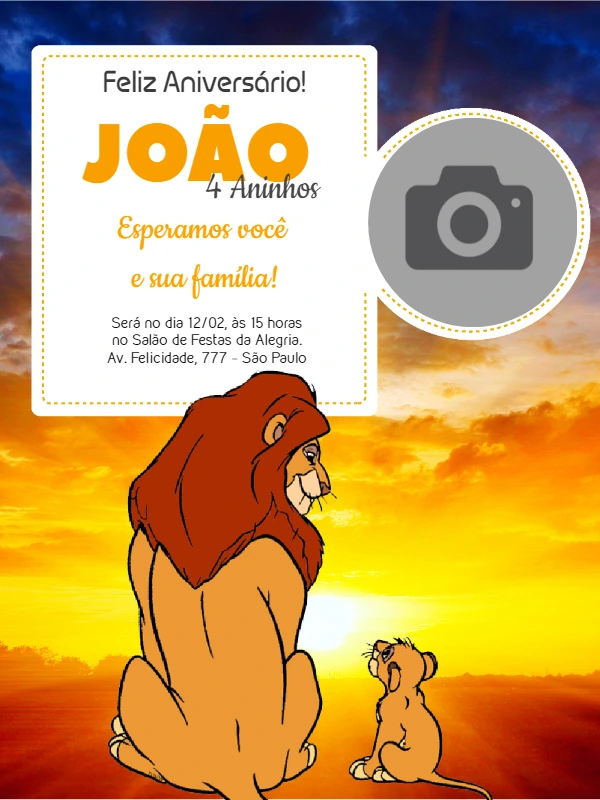 Convite Aniversário Rei Leão com Foto para Editar Online