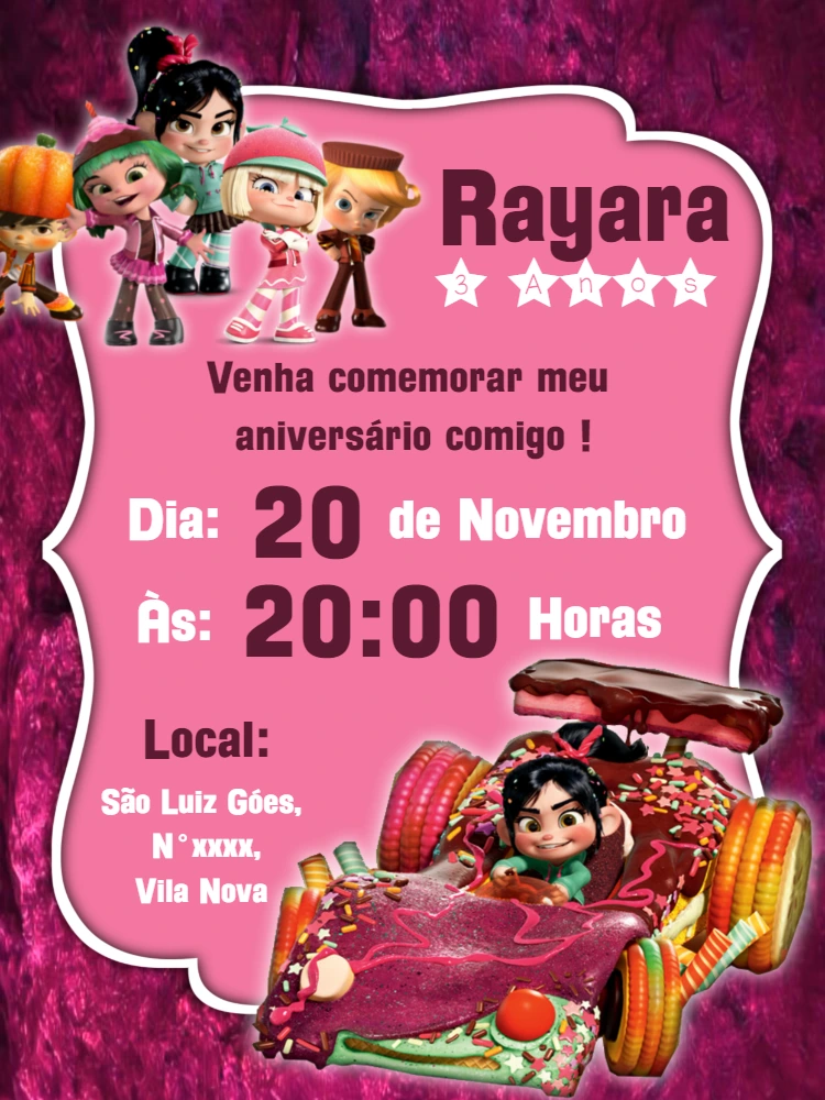 Convite Aniversário Vanellope Detona Ralph para Editar Online