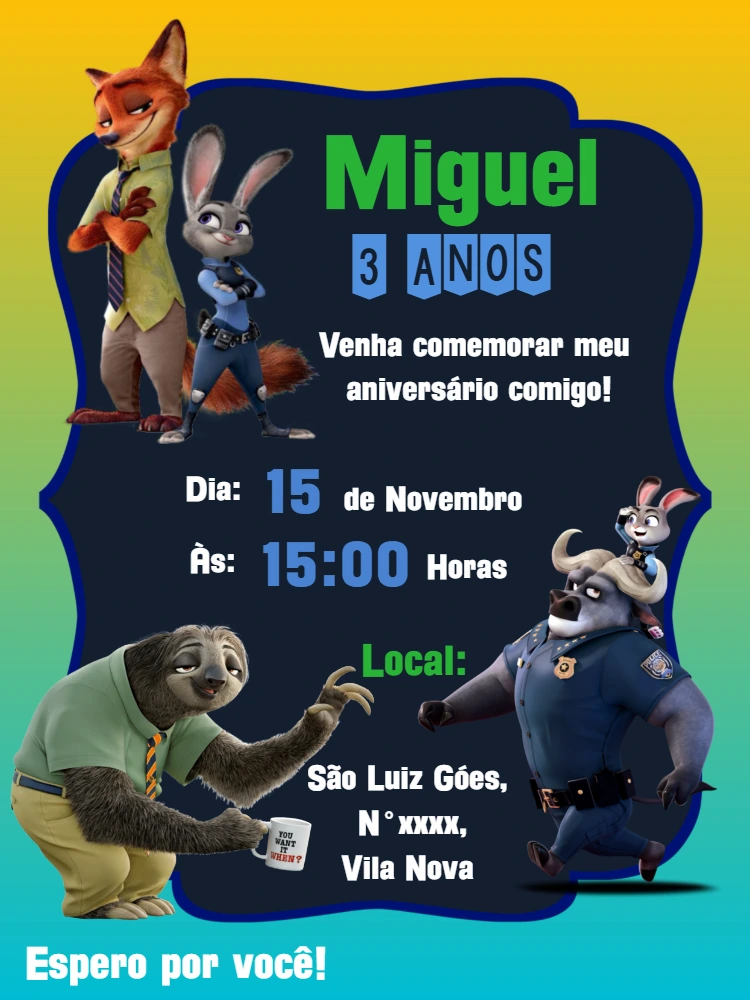 Convite de Aniversário Zootopia para Editar Online
