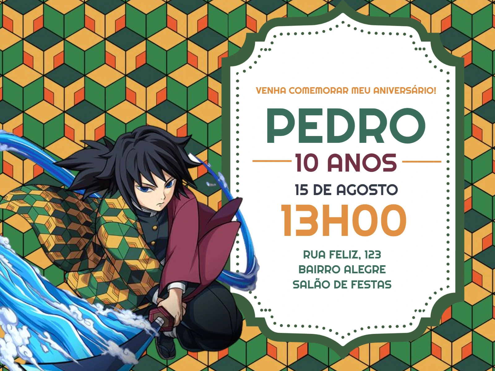 Convite de Aniversário Kimetsu no Yaiba para Editar Online