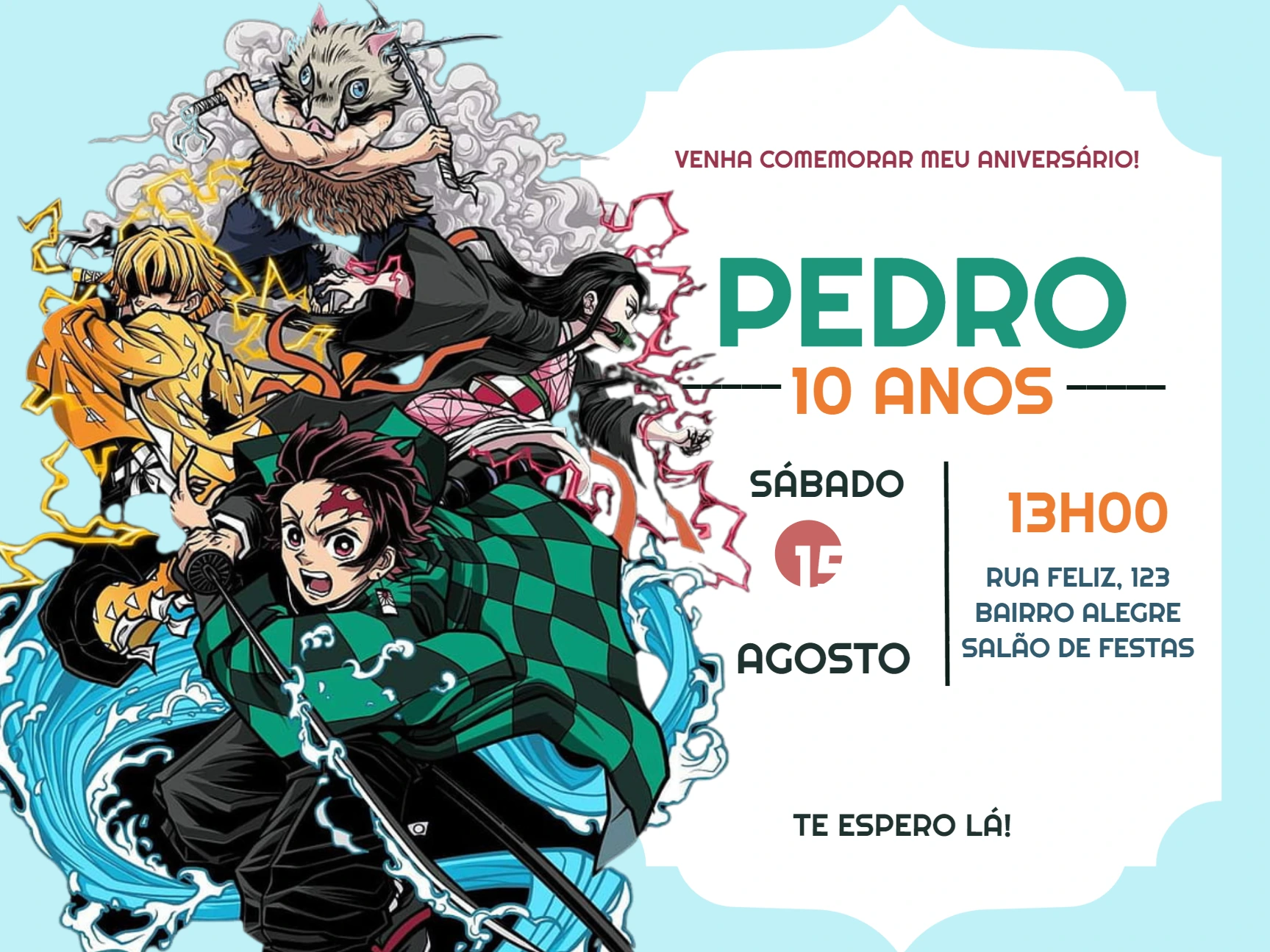 Convite Aniversário Kimetsu no Yaiba com Personagens para Editar
