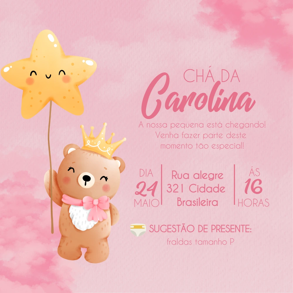 Convite Chá de Bebê Ursinha Princesa para Editar Online