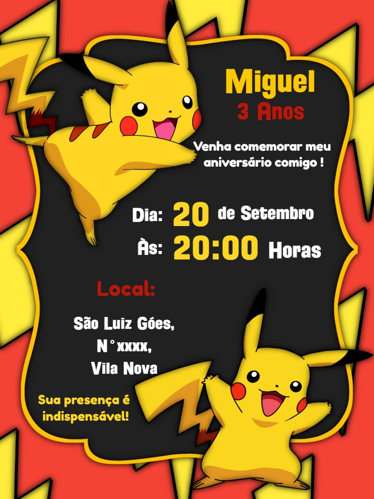Convite de Aniversário Pikachu para Editar e Imprimir Online