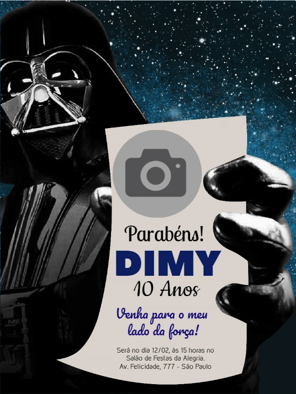 Convite de Aniversário Darth Vader com Foto para Editar Online