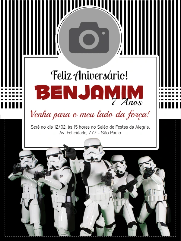 Convite Aniversário Stormtrooper com Foto para Editar Online