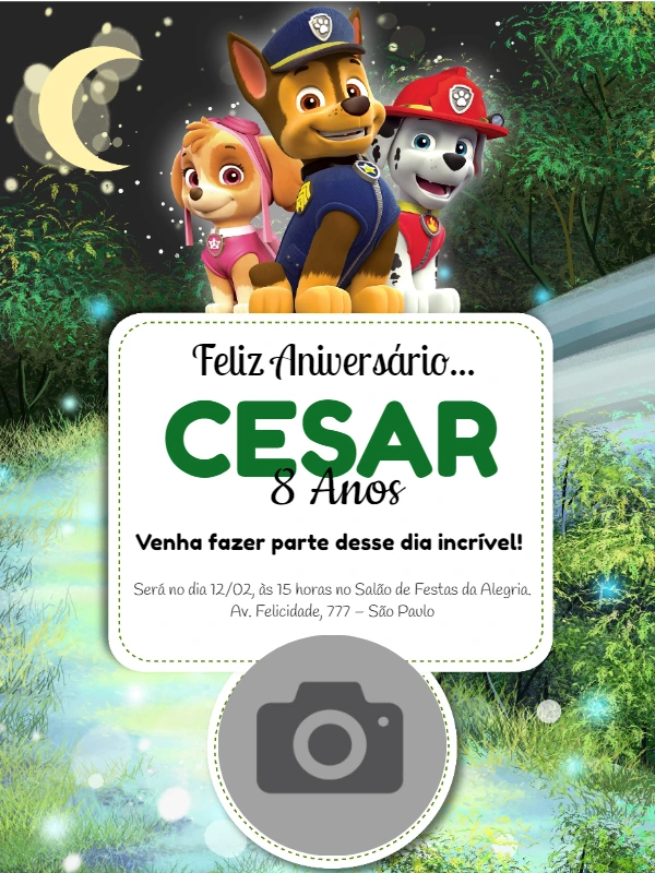 Convite de Aniversário Patrulha Canina com Foto para Editar