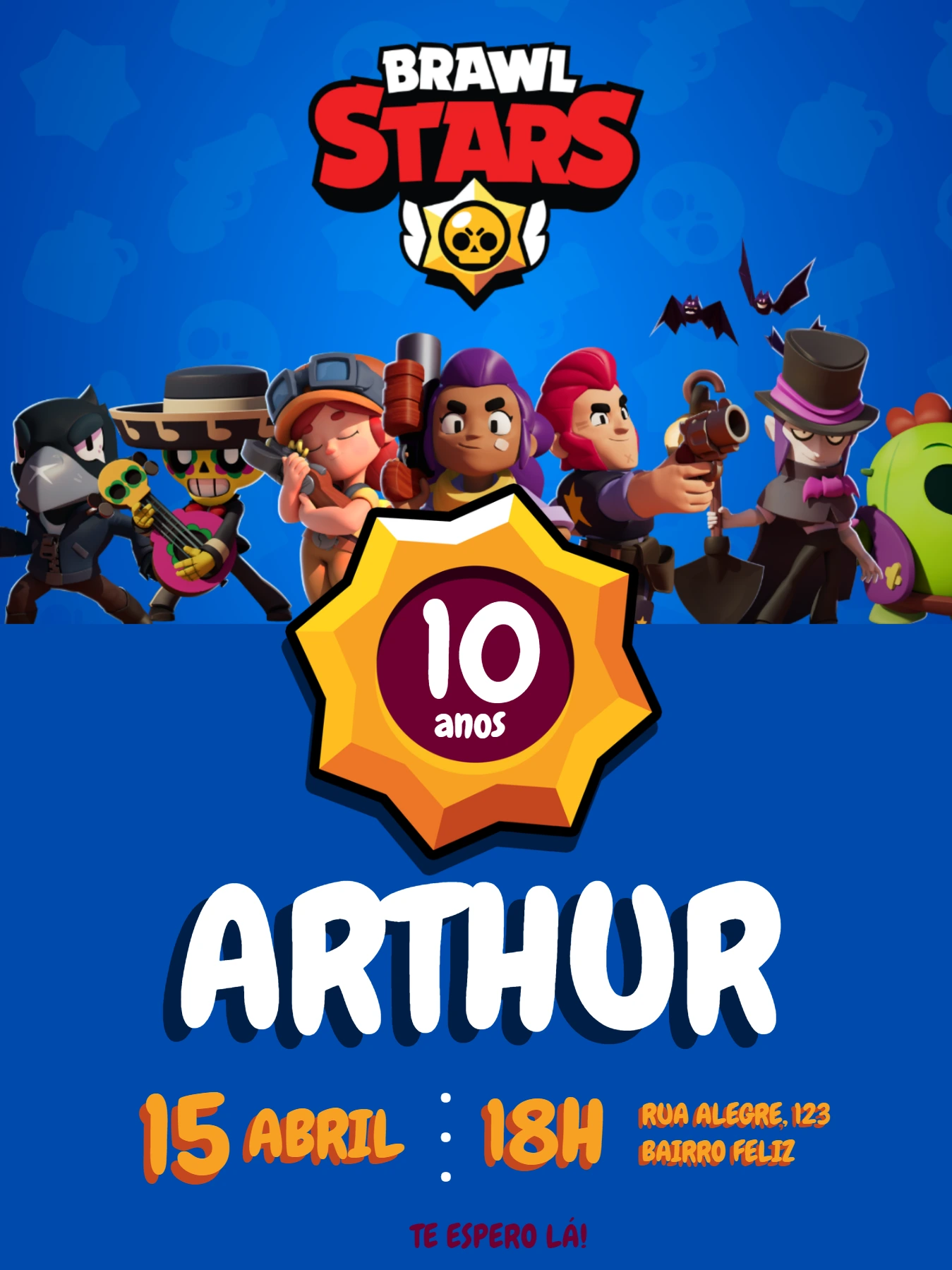 Convite de Aniversário Brawl Stars com Personagens para Editar