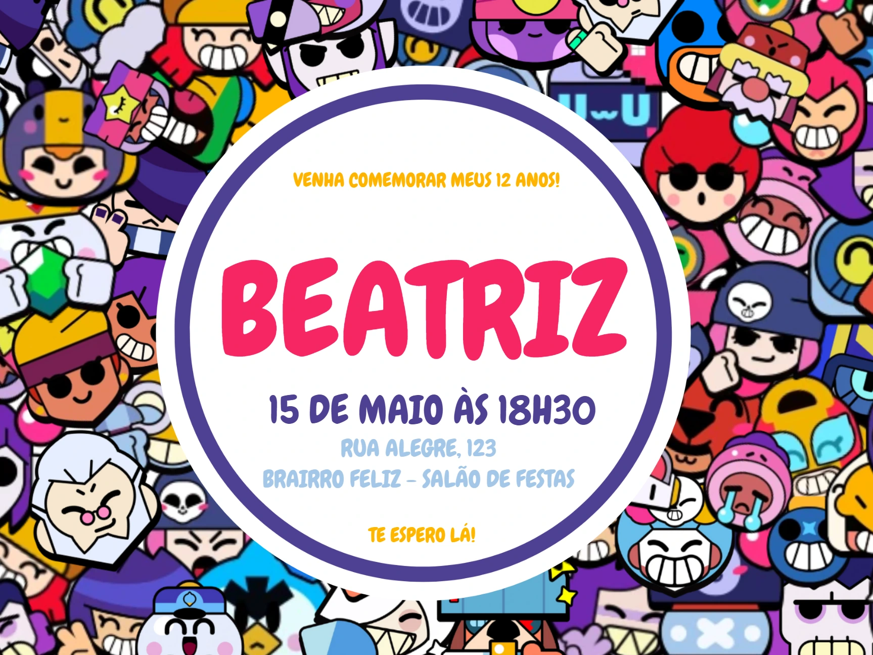 Convite Aniversário Brawl Stars com Personagens para Editar Online