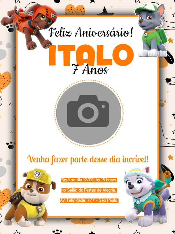 Convite Aniversário Patrulha Canina com Foto para Editar