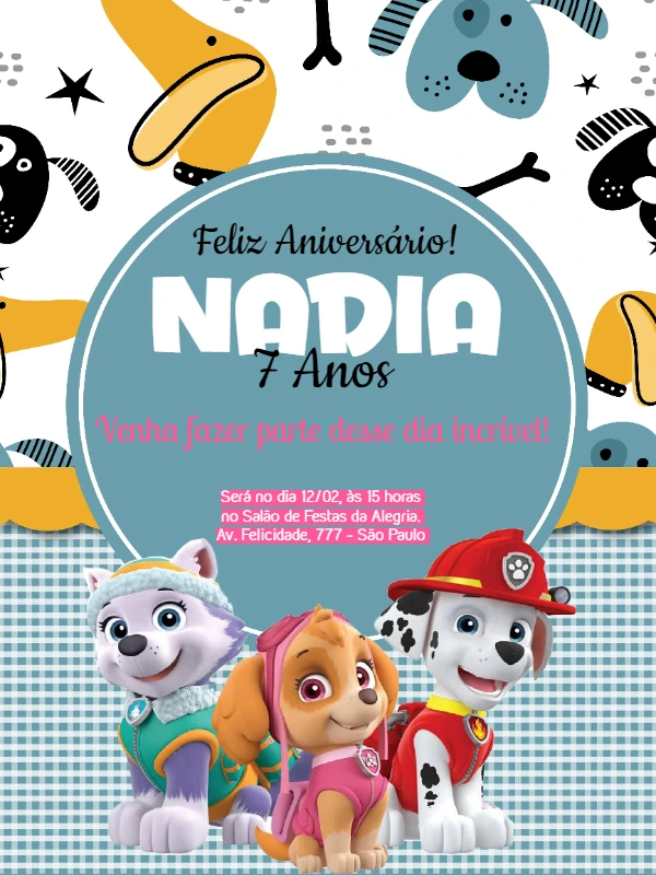 Convite de Aniversário Patrulha Canina para Editar Online