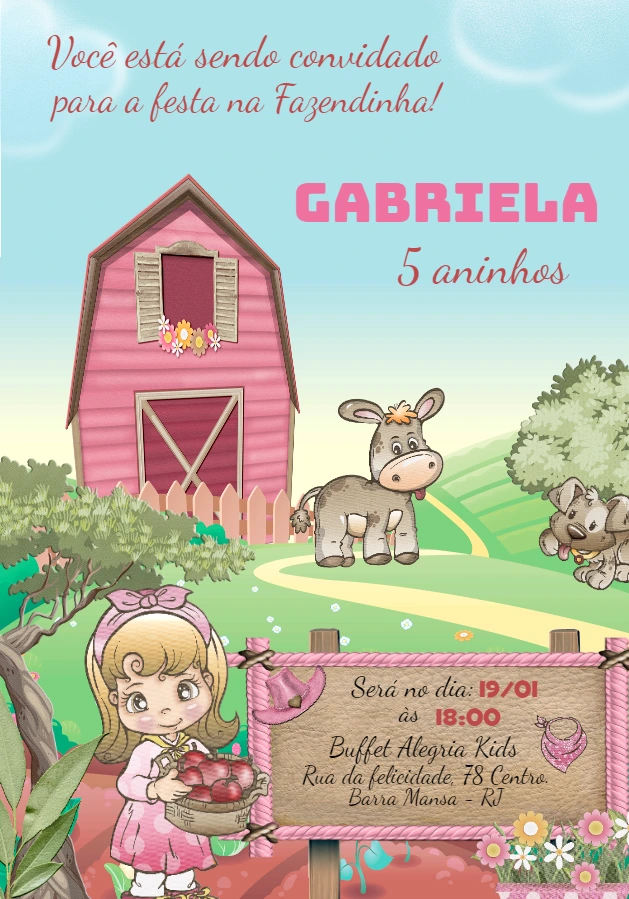 Convite Aniversário Fazendinha Rosa Editável Online