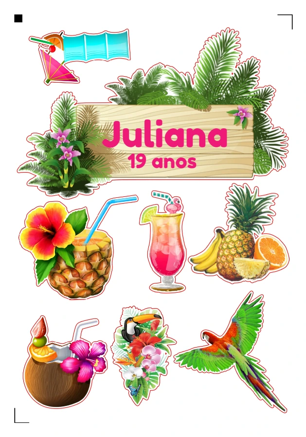 Topo de Bolo Tropical Editável com Elementos para Imprimir