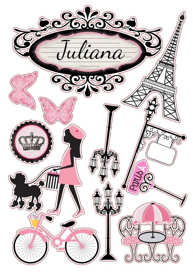 Topo de Bolo Festa Paris com Elementos para Editar Online