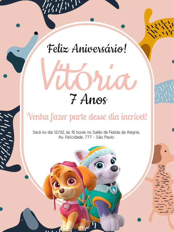 Convite Aniversário Patrulha Canina Menina Editável Online