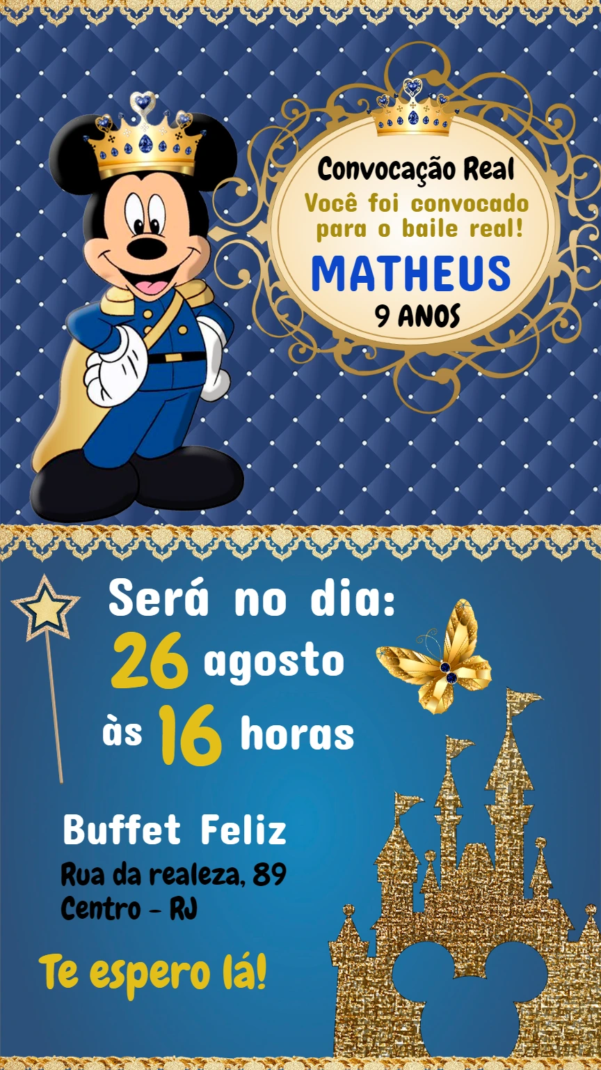 Convite Aniversário Mickey Realeza para Editar Online