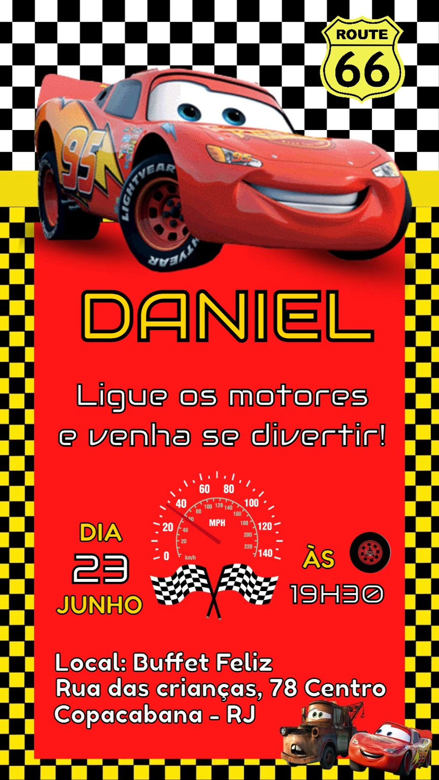 Convite Aniversário Carros Relâmpago McQueen para Editar