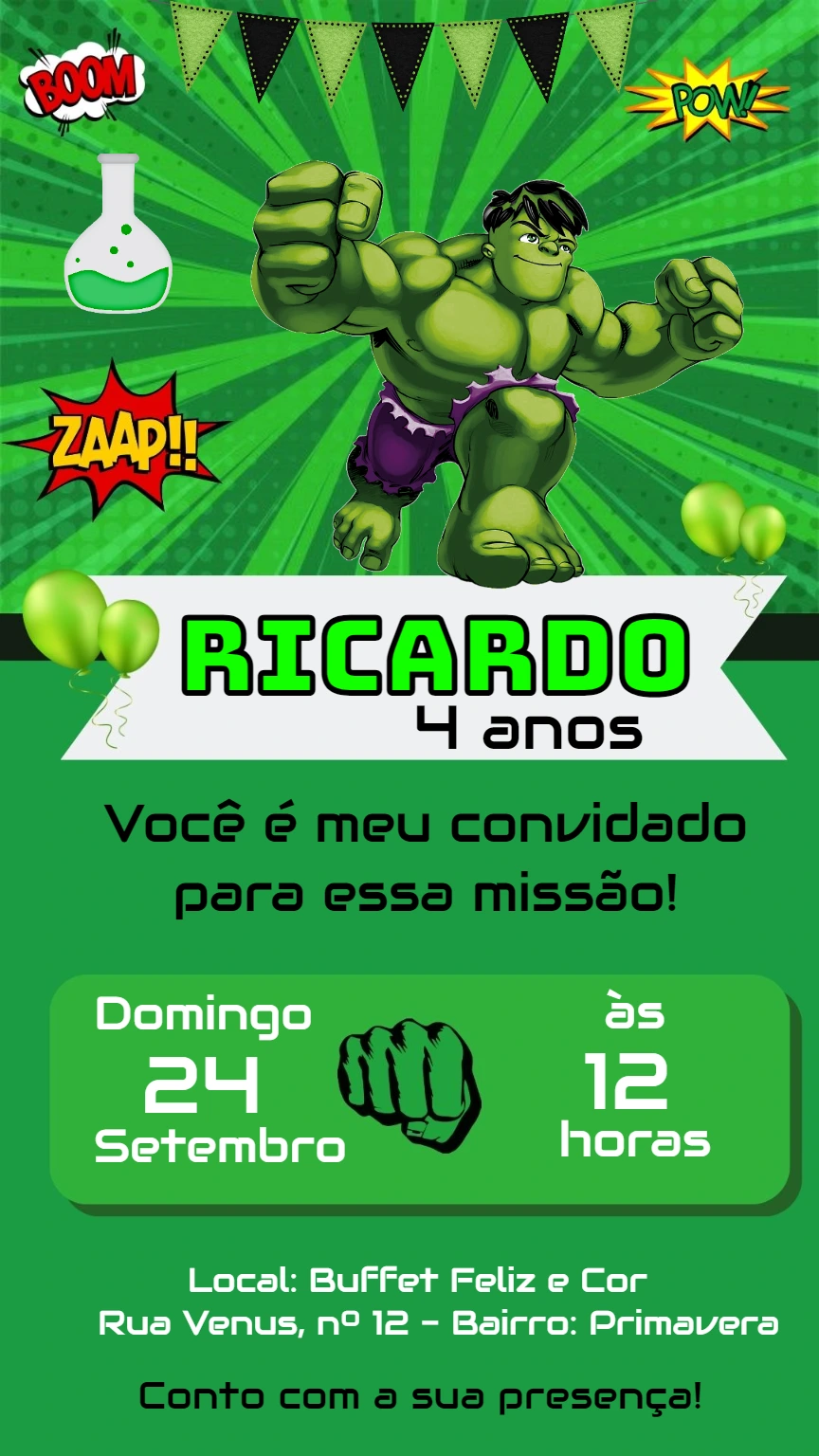 Convite de Aniversário Hulk Editável para Enviar e Imprimir