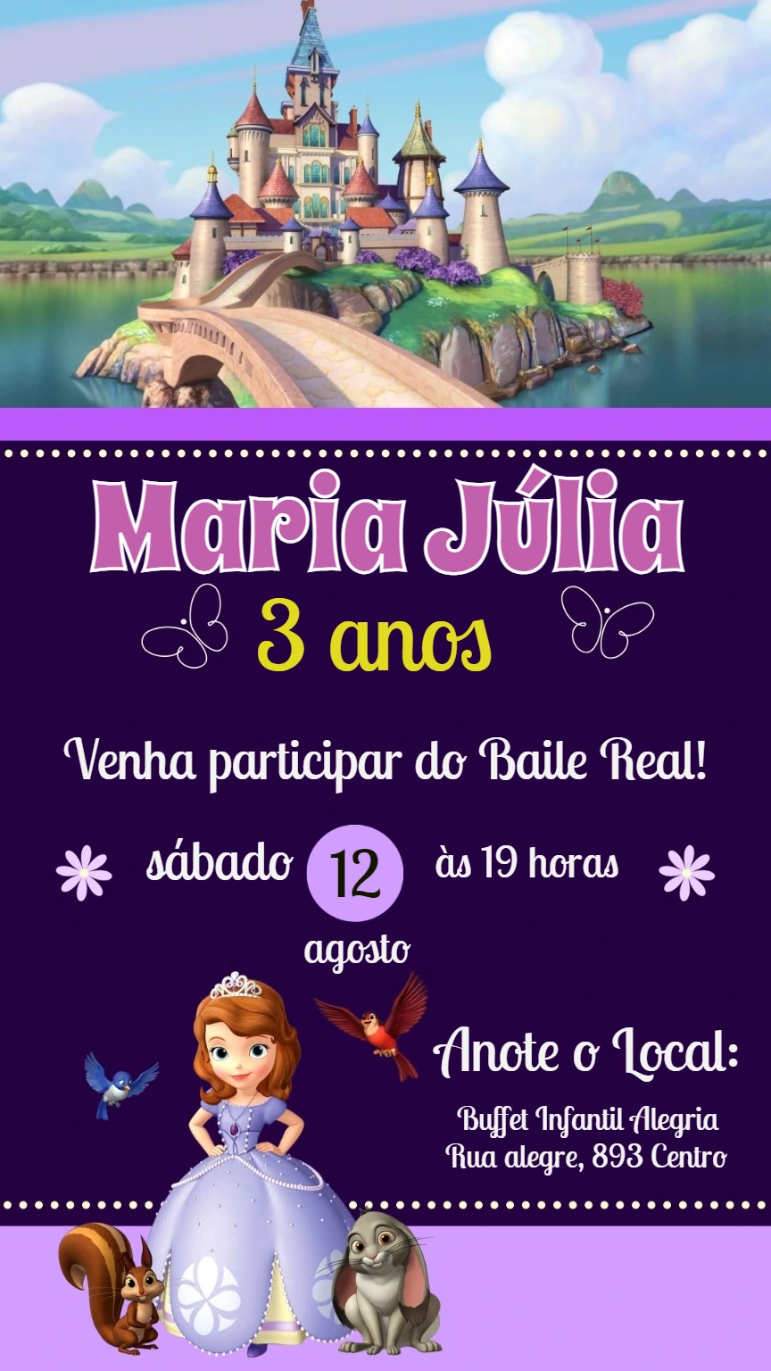 Convite Aniversário Princesa Sofia para Editar Online