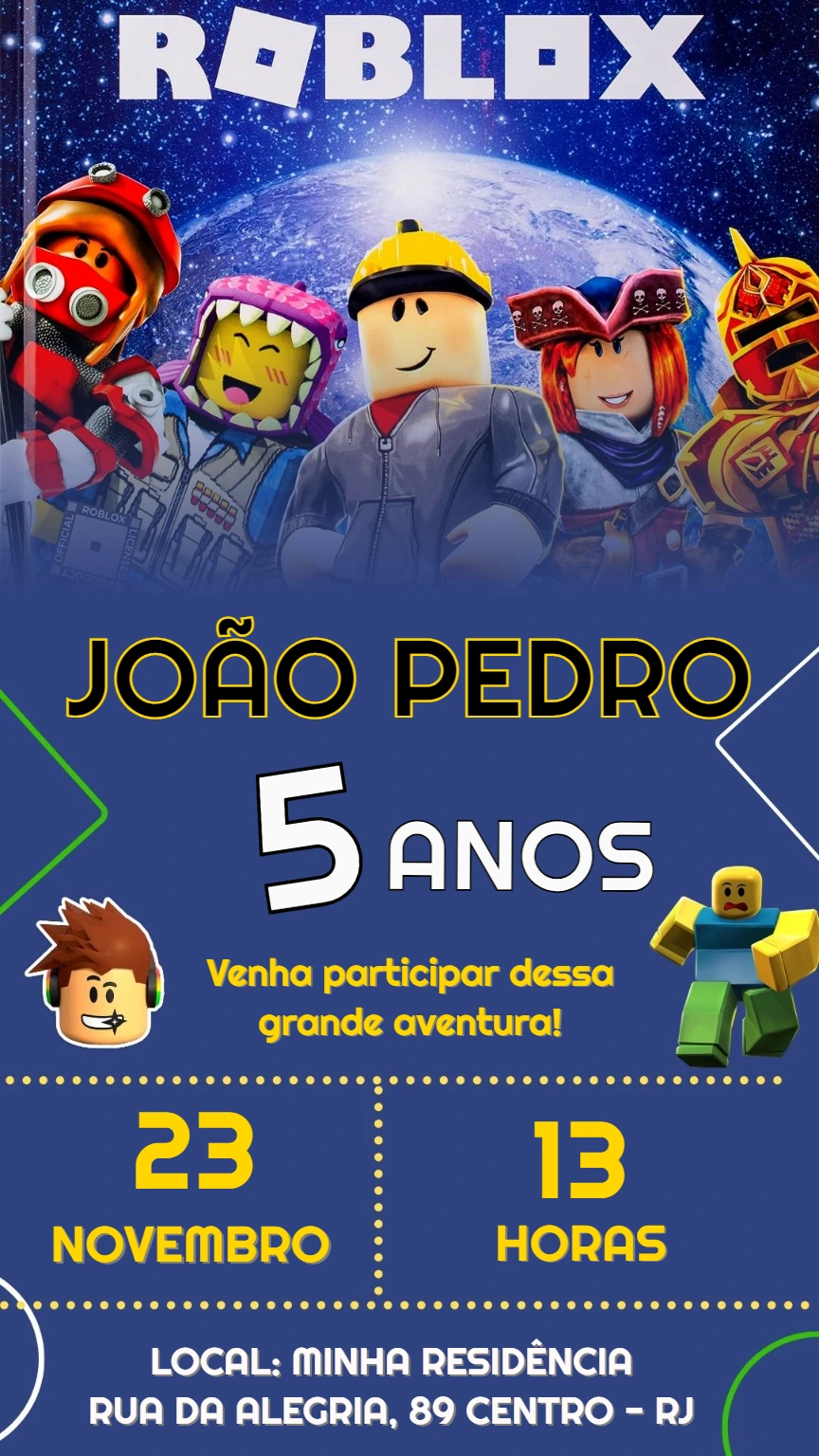 Convite de Aniversário Roblox com Personagens para Editar Online