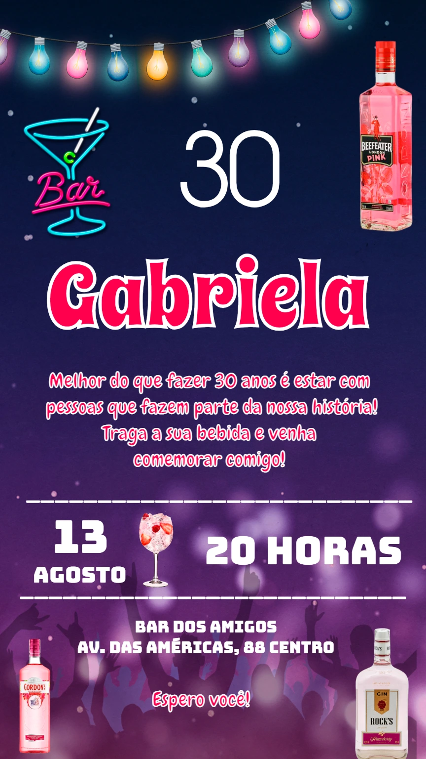 Convite de Aniversário Tema Gin Rosa para Editar Online