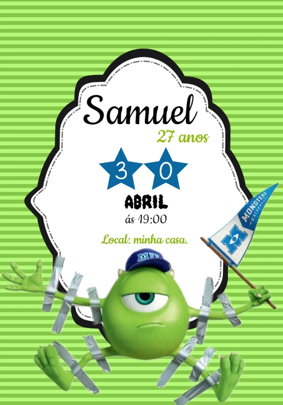 Convite Aniversário Mike Wazowski Editável para Imprimir