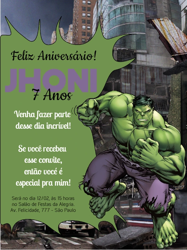 Convite de Aniversário Incrível Hulk para Editar Online