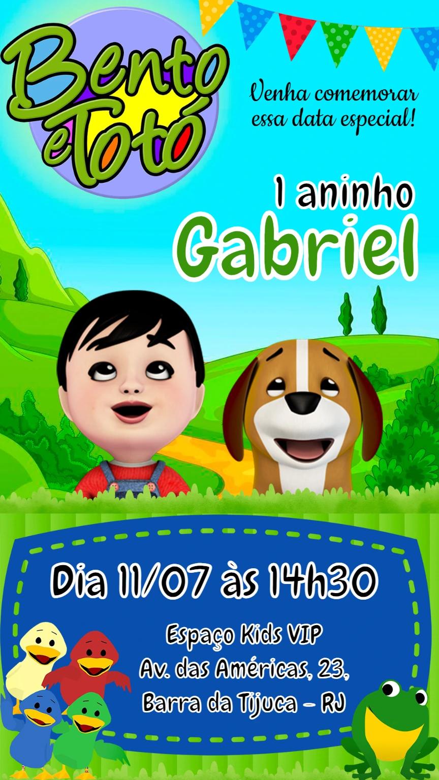 Convite de Aniversário Bento e Totó para Editar Online