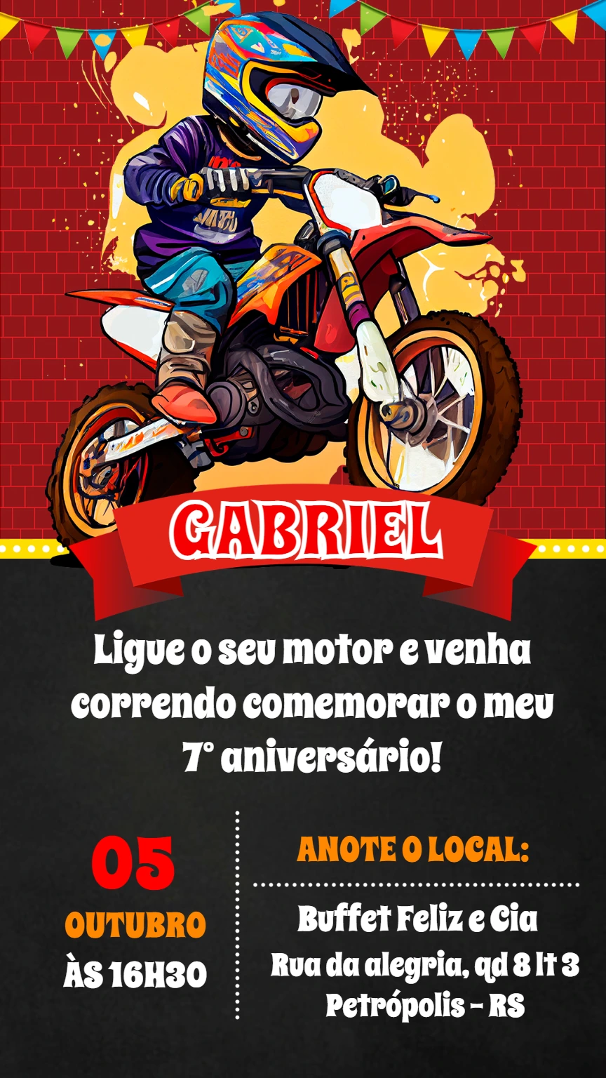 Convite Aniversário Motocross Radical para Editar Online