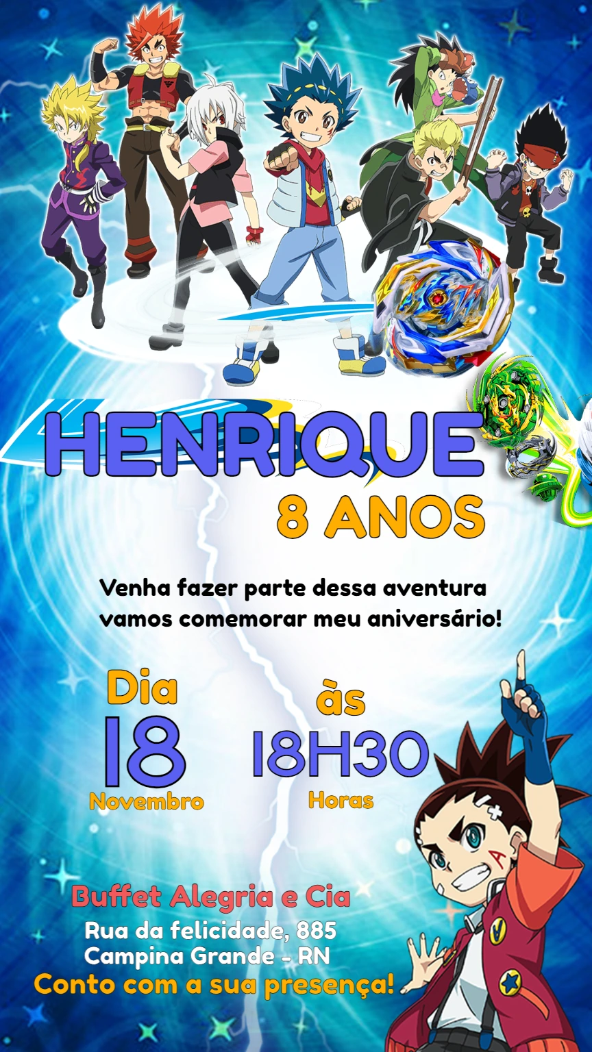 Convite de Aniversário Beyblade com Personagens para Editar Online