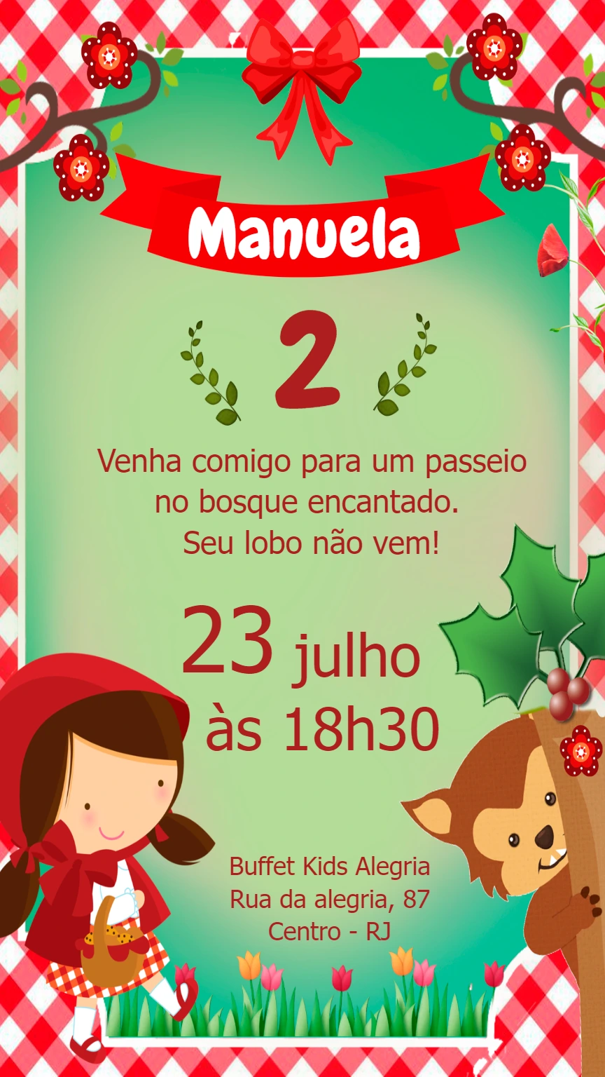 Convite Aniversário Chapeuzinho Vermelho com Lobo para Editar