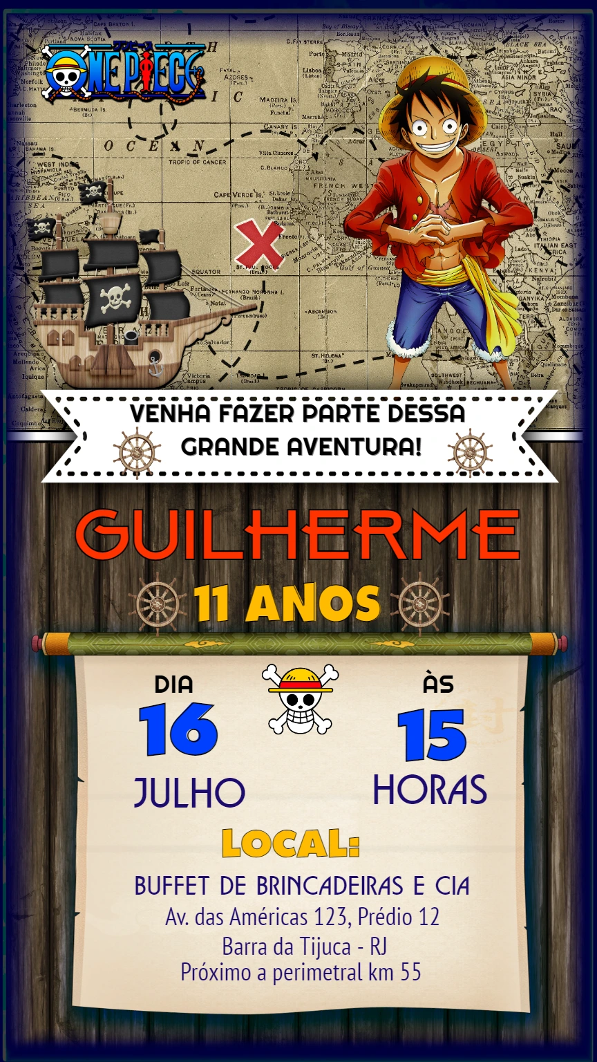 Convite de Aniversário One Piece Editável Online com Luffy