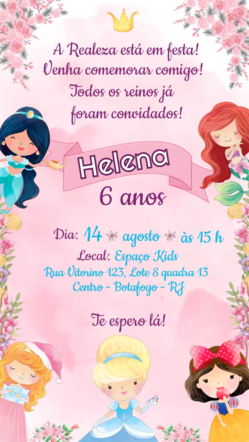 Convite de Aniversário Princesas Baby para Editar Online